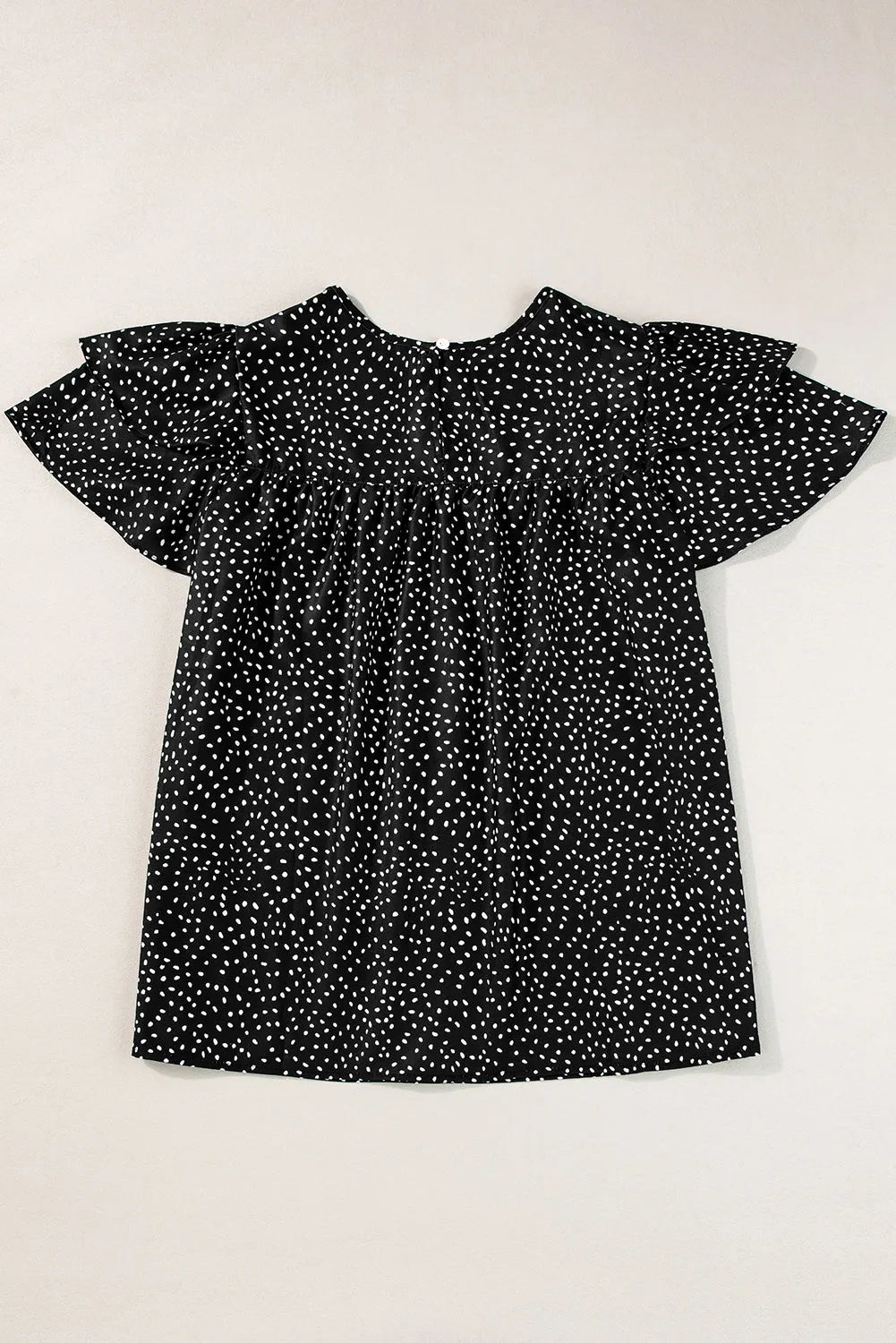 Black Dotted Ruffle Sleeve Crew Neck Ruched Blouse - Chic Meadow Boutique 