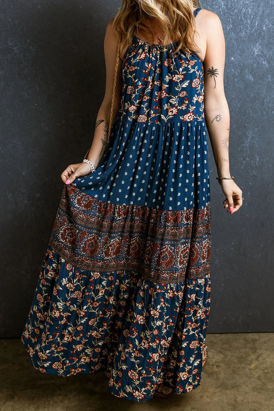 Blue Boho Floral Splicing Sleeveless Maxi Dress - Chic Meadow Boutique 