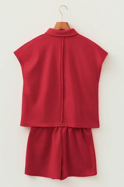 Racing Red Loose Polo Tee Elastic Waist 2pcs Short Set