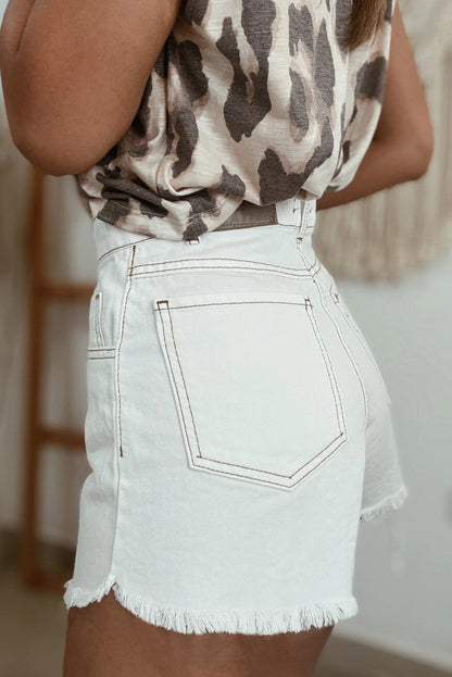 White Raw Hem High Waist Denim Shorts