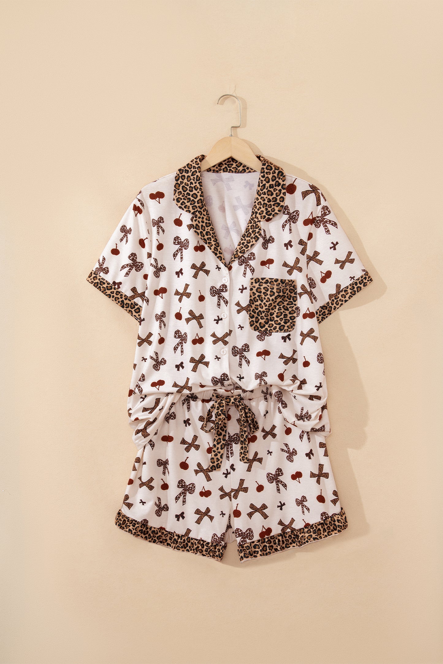 White Chic Bow Cherry Printed Leopard Contrast Patchwork Shirt Drawstring Shorts 2pcs PJ Set