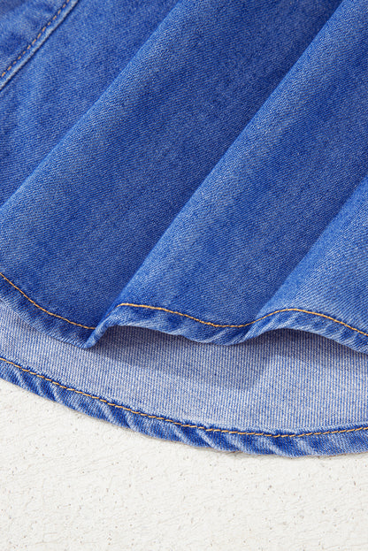 Sky Blue Mineral Wash Cap Sleeve Frilled Button Up Denim Shirt