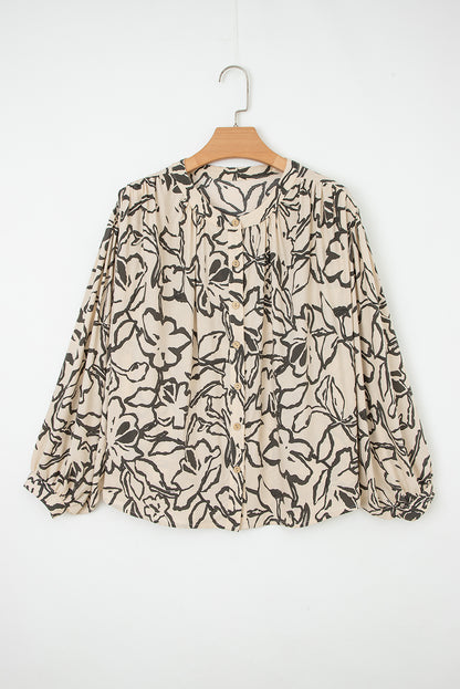 Gray Morn Floral Print Batwing Sleeve Buttoned Loose Fit Shirt