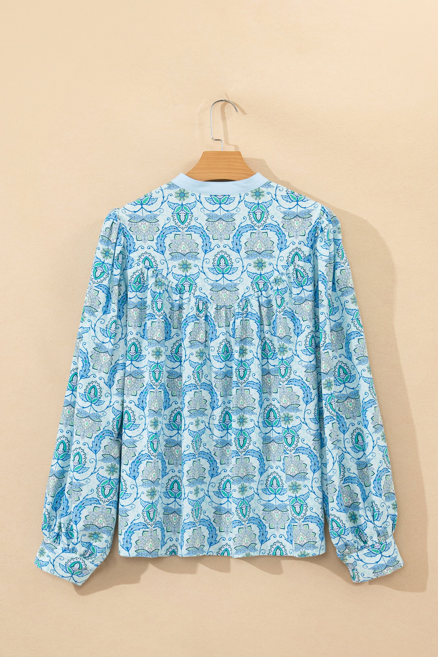 Sky Blue Paisley Print Puff Sleeve Loose Shirt