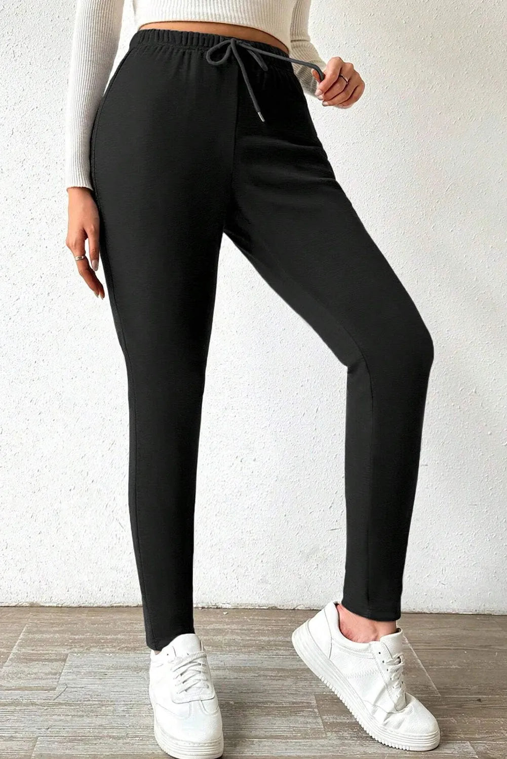 Black Thermal Lined Drawstring High Waist Leggings - Chic Meadow Boutique 