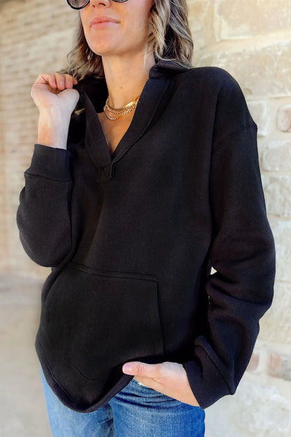 Black V Neck Collared Kangaroo Pocket Sweatshirt - Chic Meadow Boutique 