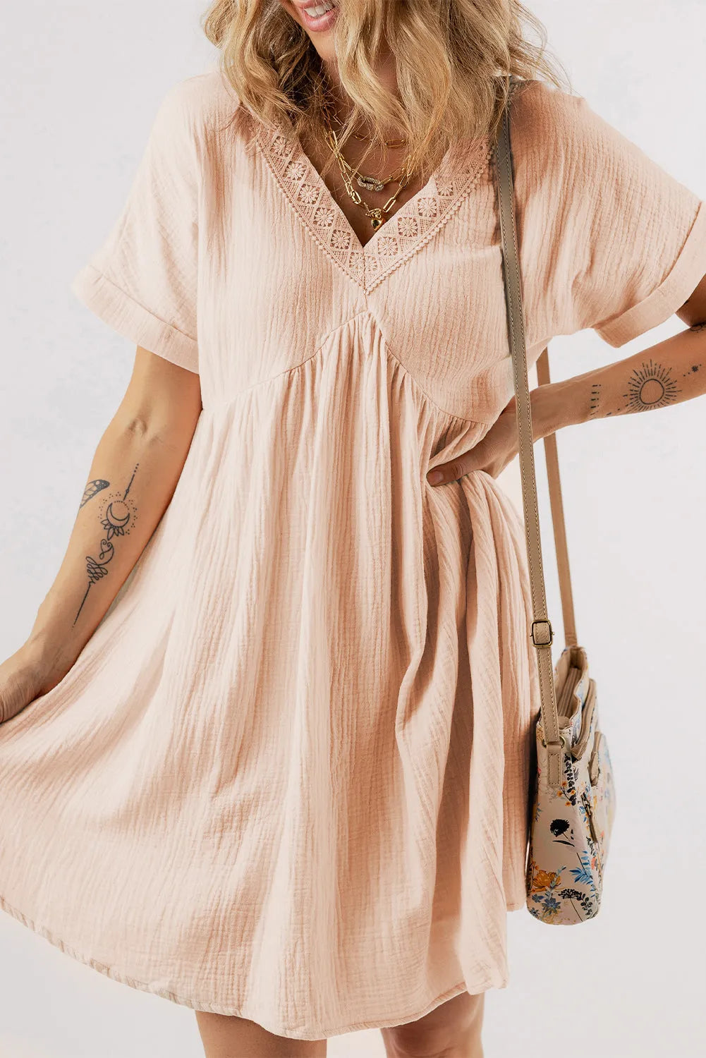 Beige Folded Short Sleeve Lace V Neck Mini Dress - Chic Meadow Boutique 