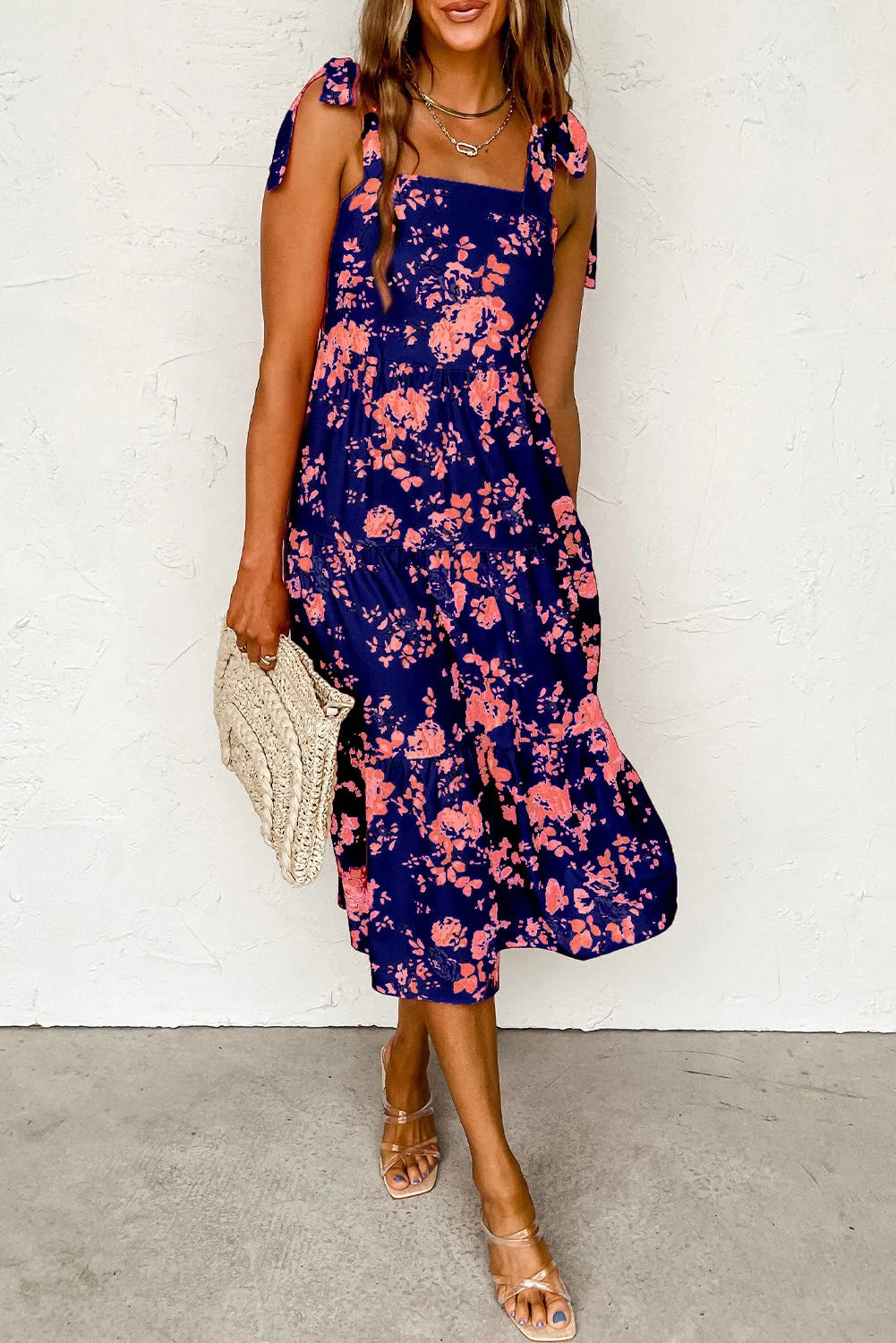 Blue Tie Shoulder Straps Tiered Floral Dress - Chic Meadow Boutique 