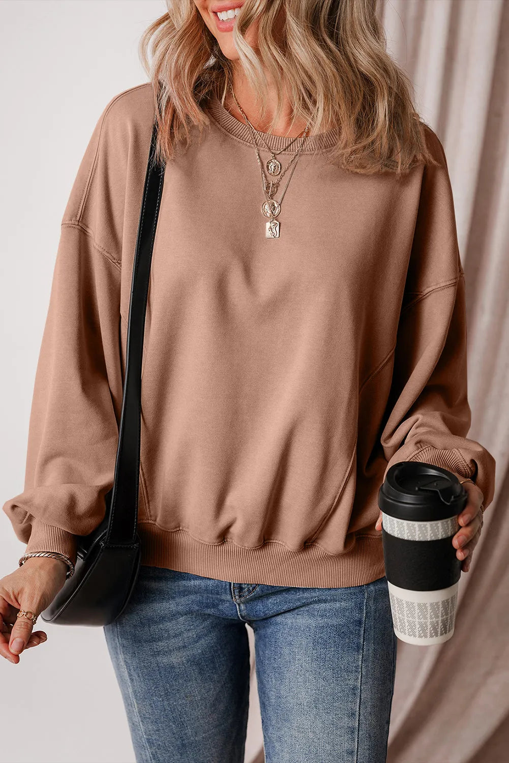 Chestnut Exposed Seam Batwing Sleeve Drop Shoulder Sweatshirt - Chic Meadow Boutique 