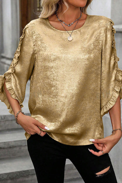 Gold Metallic Luster Frilled Half Sleeve Blouse