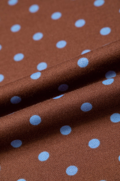 Brown Polka Dot Drawstring Wide Leg Long Sleeve Top Pant Set