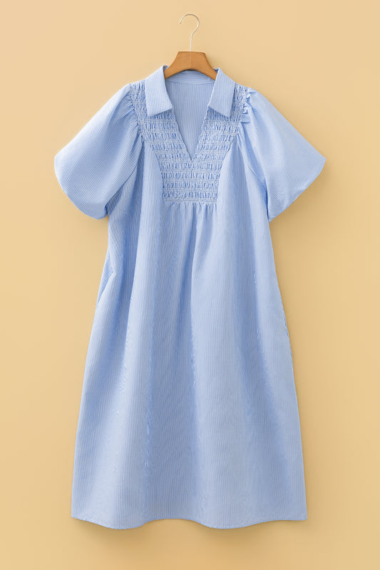 Sky Blue Stripe Shirred Detail Collar V Neck Plus Size Midi Dress