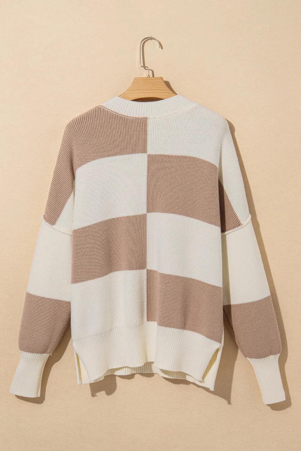 Sweaters & Cardigans/Sweaters Khaki Checkered Side Slits Drop Shoulder Oversized Sweater