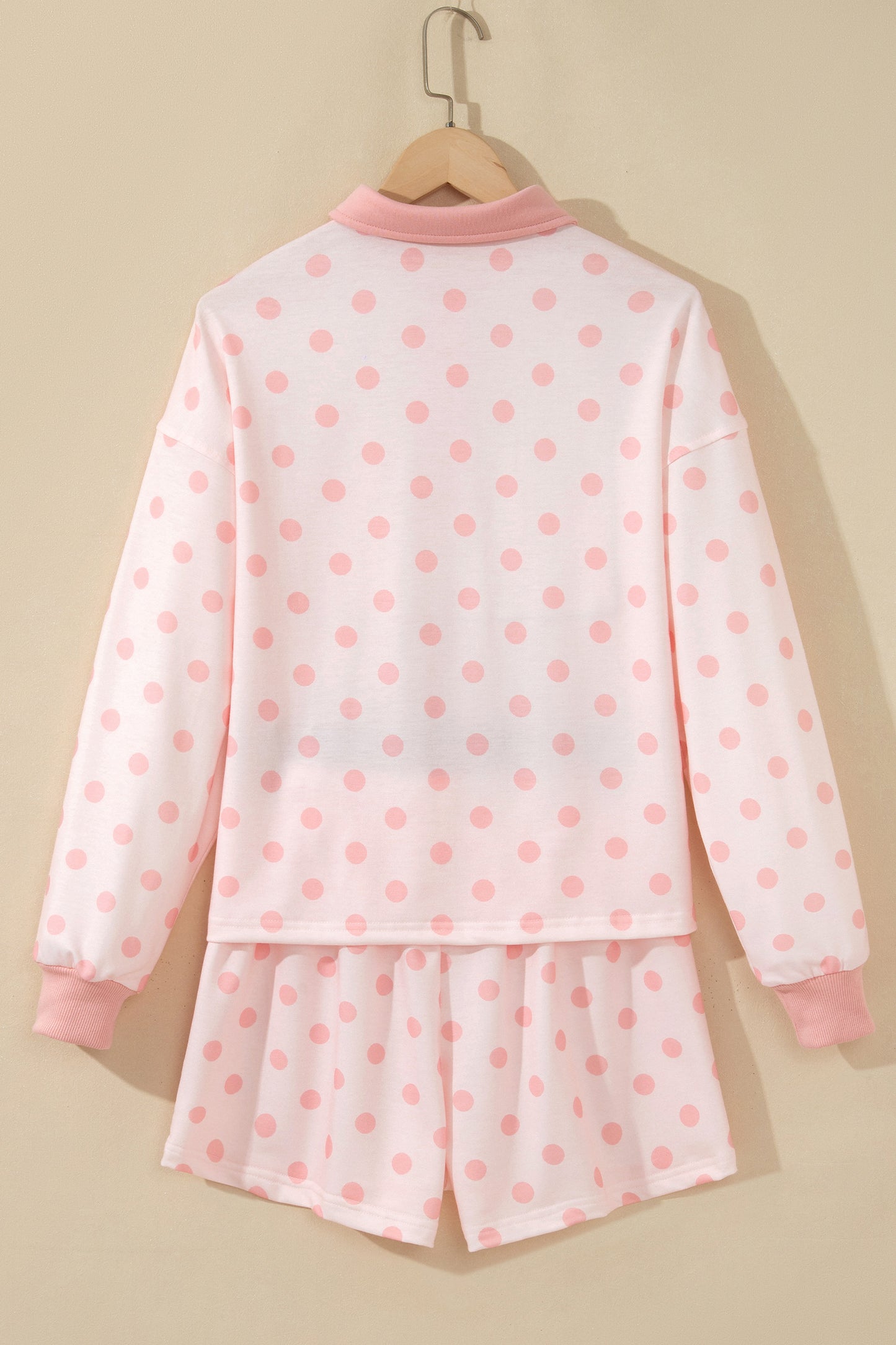 Pink Polka Dot Drop Shoulder Polo Loose Pullover Patch Pocket Casual Shorts Set