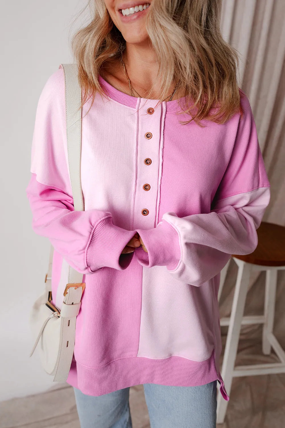 Pink Colorblock Henley High Low Oversize Sweatshirt - Chic Meadow Boutique 