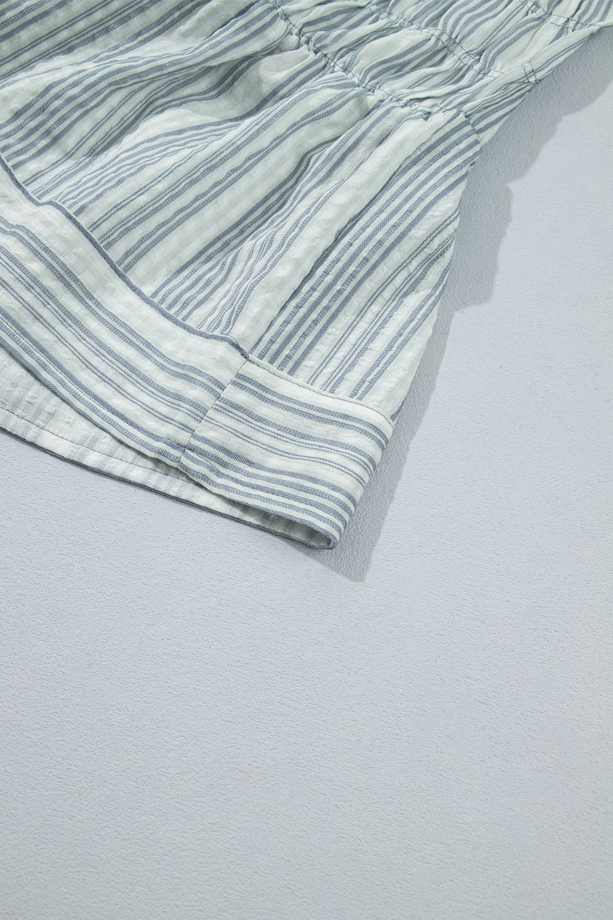 Blue Stripe V Neck Shirred Long Sleeve Blouse