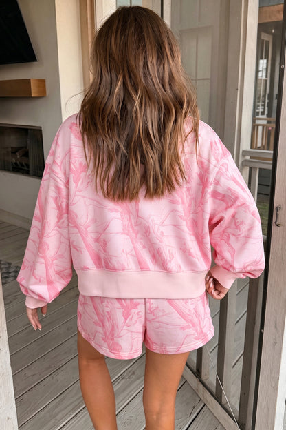 Pink Abstract Print Ribbed Crewneck Long Sleeve Top Elastic Waist Short Set
