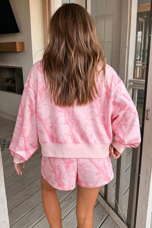 Pink Abstract Print Ribbed Crewneck Long Sleeve Top Elastic Waist Short Set