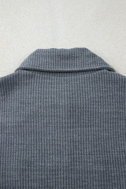 Medium Grey Ribbed Knit Buttons Front Flap Pocket Casual Shacket