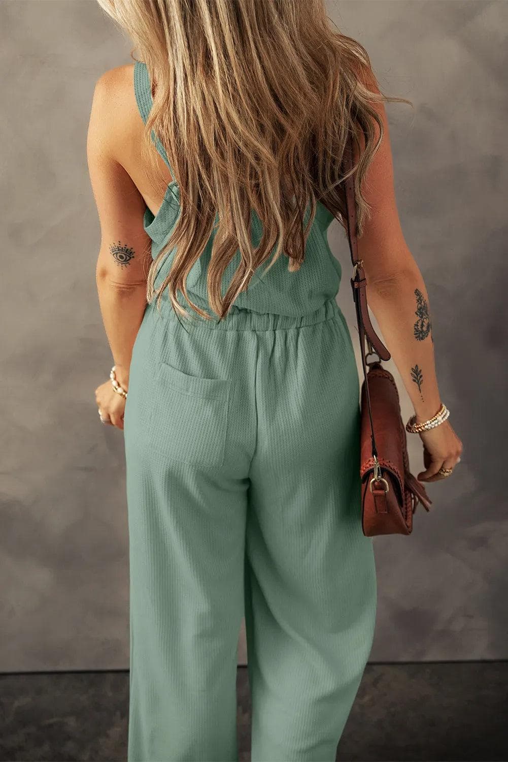 Bottoms/Jumpsuits & Rompers Moss Green Knotted Straps Button Textured Drawstring Jumpsuit