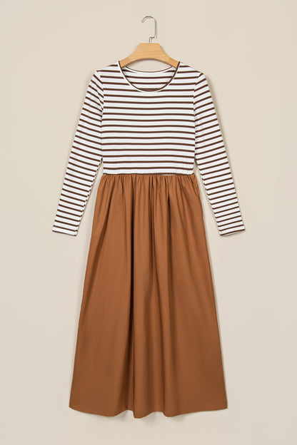 Brown Stripe Ribbed Knit Long Sleeve Bodice Contrast Patchwork Flared Dress