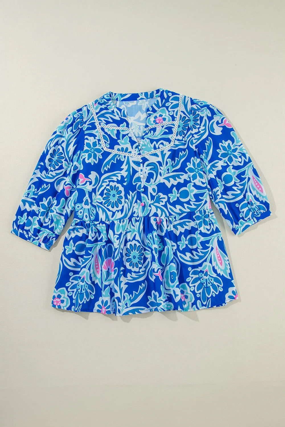 Blue Mix Floral Printed Lace Detail Bracelet Sleeve Blouse - Chic Meadow Boutique 