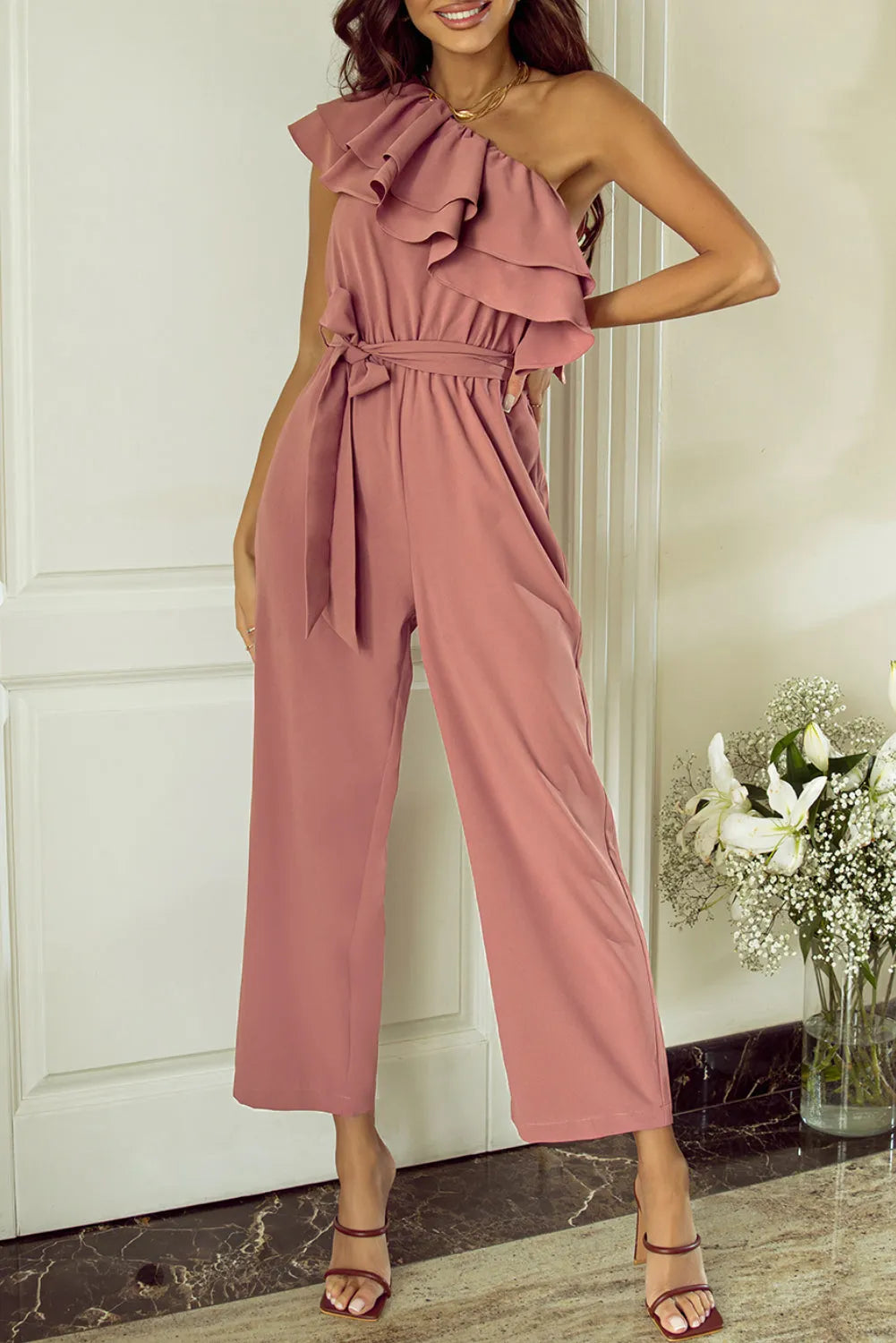 Dusty Pink One Shoulder Ruffle Trim Belted Jumpsuit - Chic Meadow Boutique 