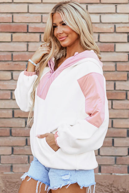 White Colorblock Patchwork Half Zip Oversized Sherpa Hoodie - Chic Meadow Boutique 