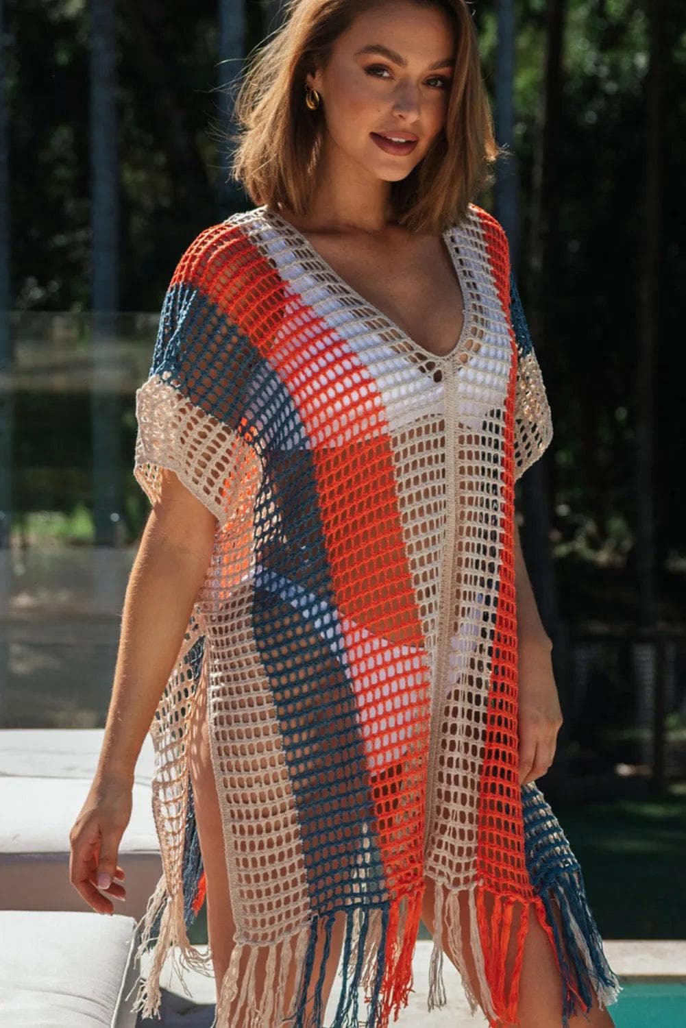 Swimwear/Beach Cover-ups Multicolor Striped Tassel Crochet V Neck Beach Cover Up