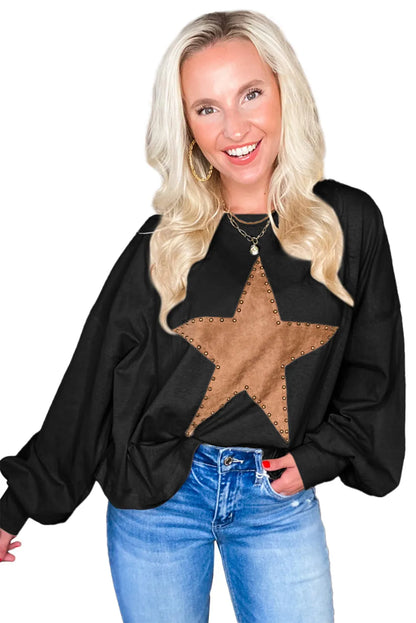 Black Studded Star Graphic Oversized Long Sleeve Top - Chic Meadow Boutique 