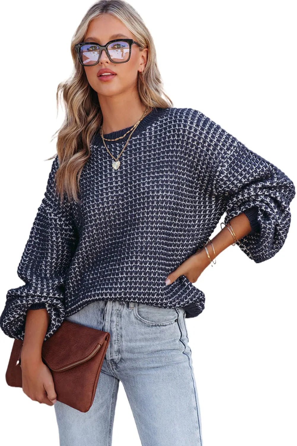 Black Heathered Knit Drop Shoulder Puff Sleeve Sweater - Chic Meadow Boutique 