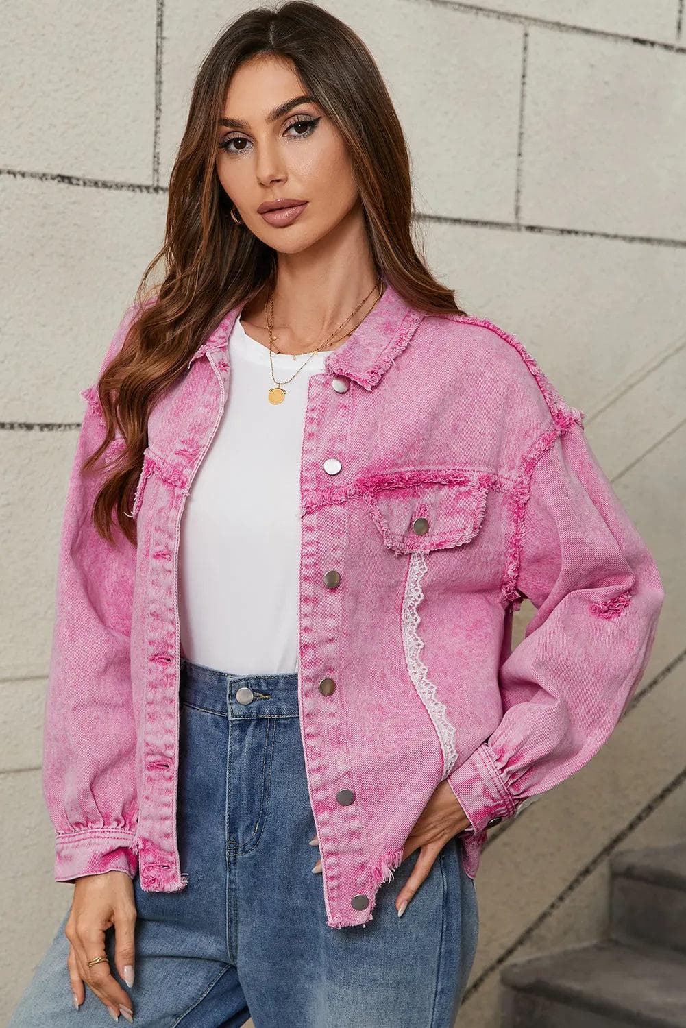 Outerwear/Denim jackets Pink Lace Patchwork Distressed Buttoned Denim Jacket