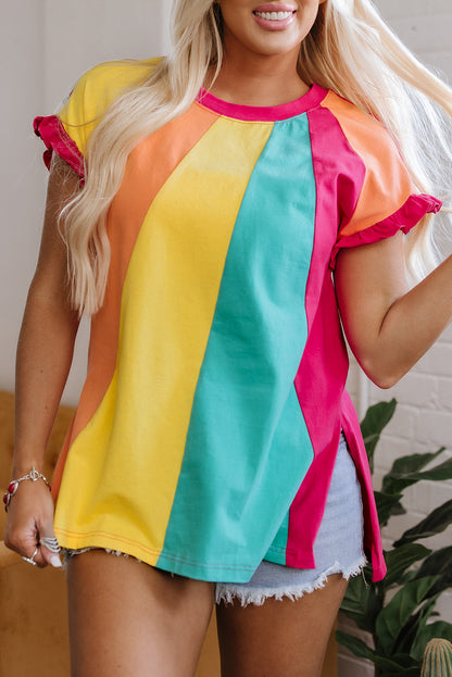 Rose Red Color Block Ruffled Crew Neck Loose Fit T Shirt