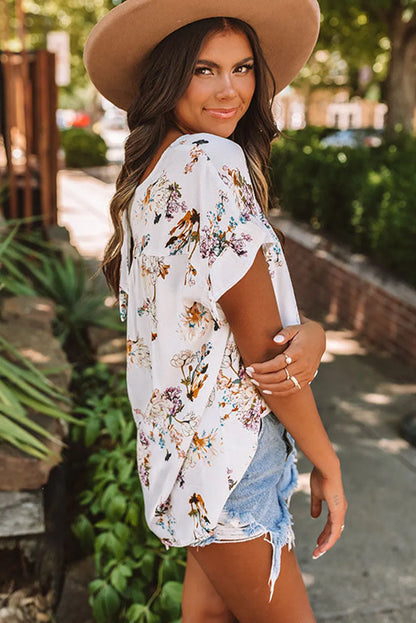 White Floral Ruffled Short Sleeve Back Knot Blouse - Chic Meadow Boutique 