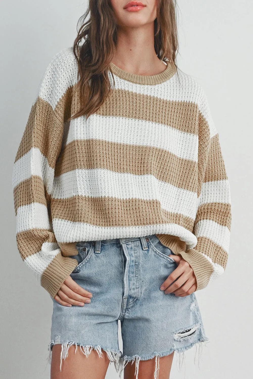 Sweaters & Cardigans/Sweaters Light French Beige Colorblock Striped Drop Shoulder Side Slit Sweater