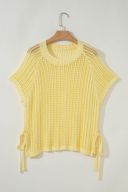 Yellow Cream Hollow-out Crochet Side Tied Short Sleeve Sweater