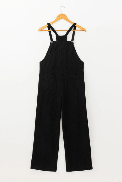 Black Solid Pocketed Loose Fit Corduroy Overall - Chic Meadow Boutique 