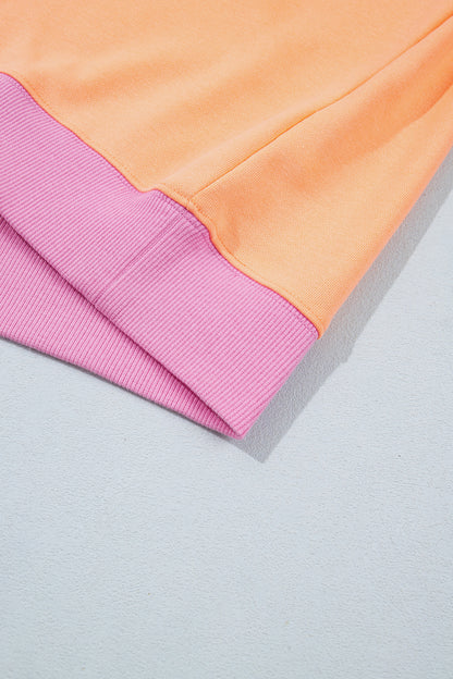 Grapefruit Orange Colorblock Trim Crewneck Long Sleeve Pullover Sweatshirt