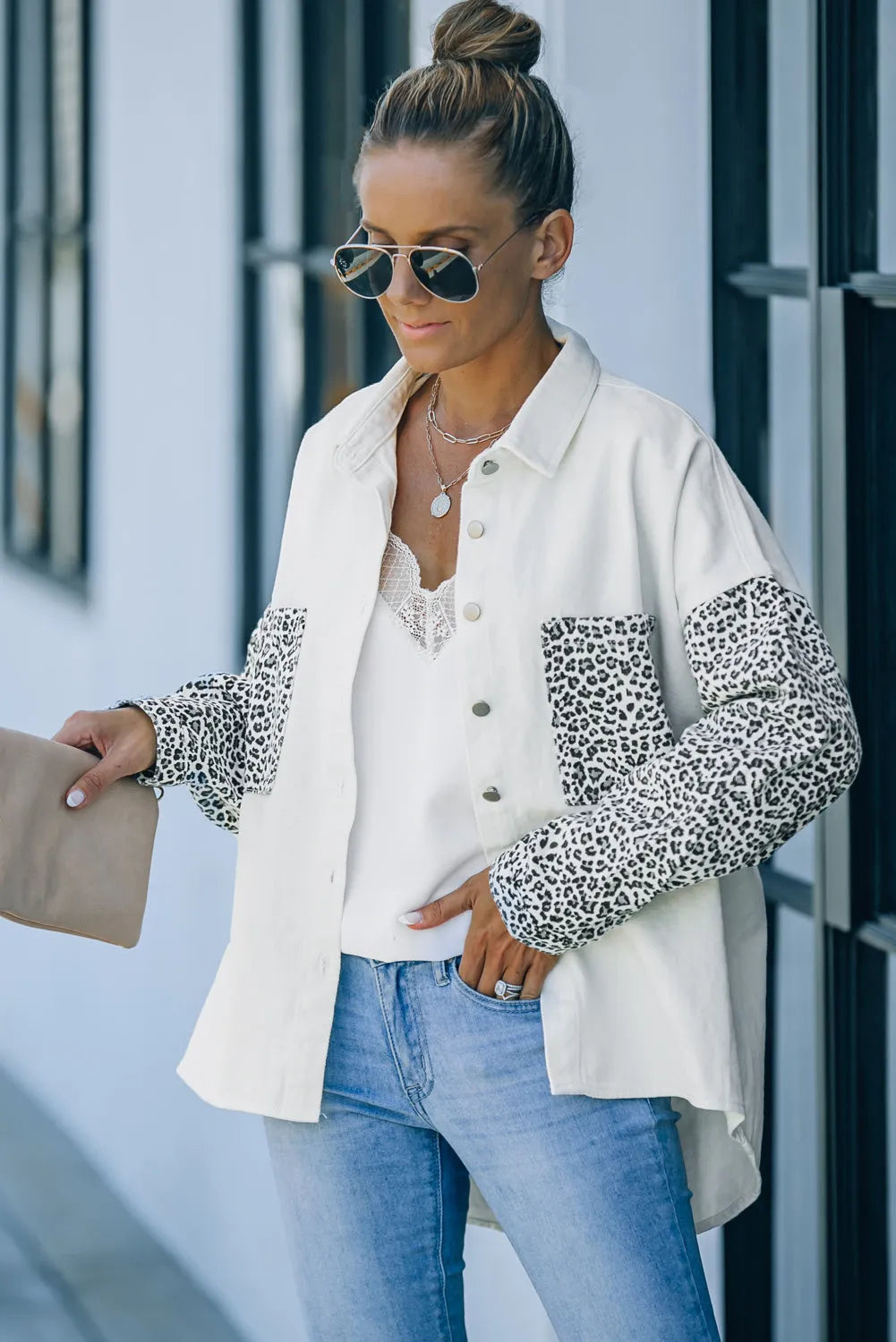 White Contrast Leopard Denim Jacket - Chic Meadow Boutique 