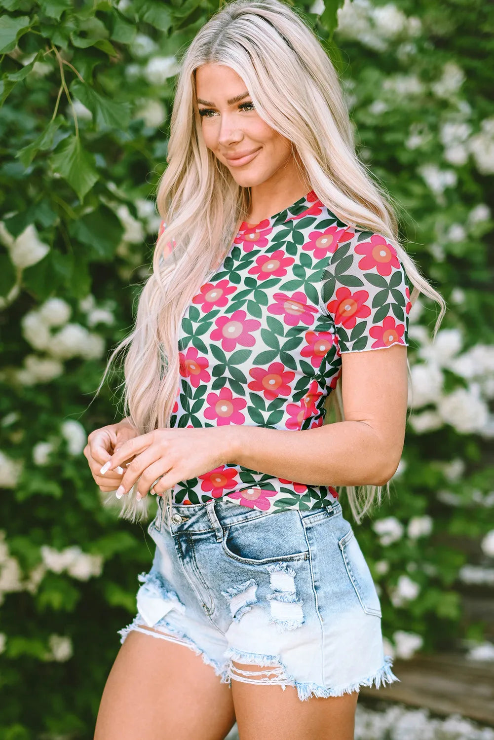 Fiery Red Retro Floral Print Crew Neck T Shirt - Chic Meadow Boutique 