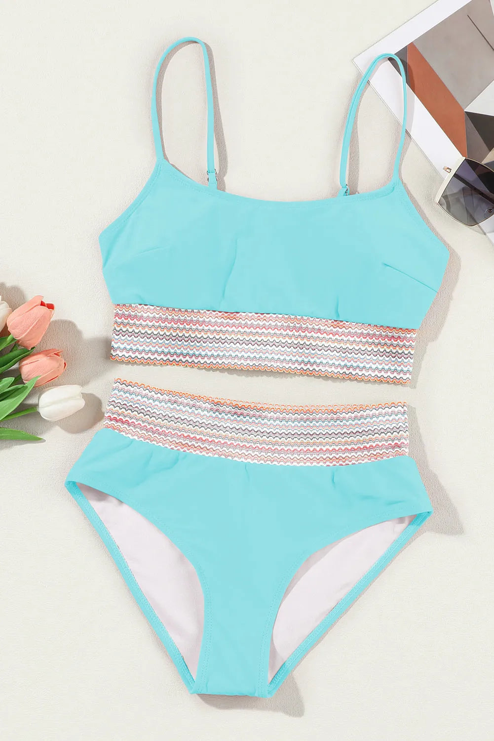 Sky Blue Striped Patchwork Spaghetti Strap High Waist Bikini Swimsuit - Chic Meadow Boutique 