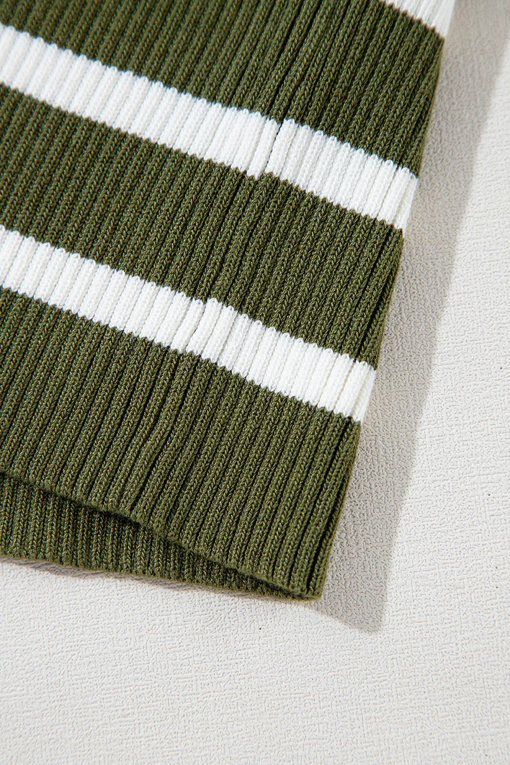 Green Stripe Ribbed Knit Henley Buttons Slim Fit Sweater - Chic Meadow Boutique 