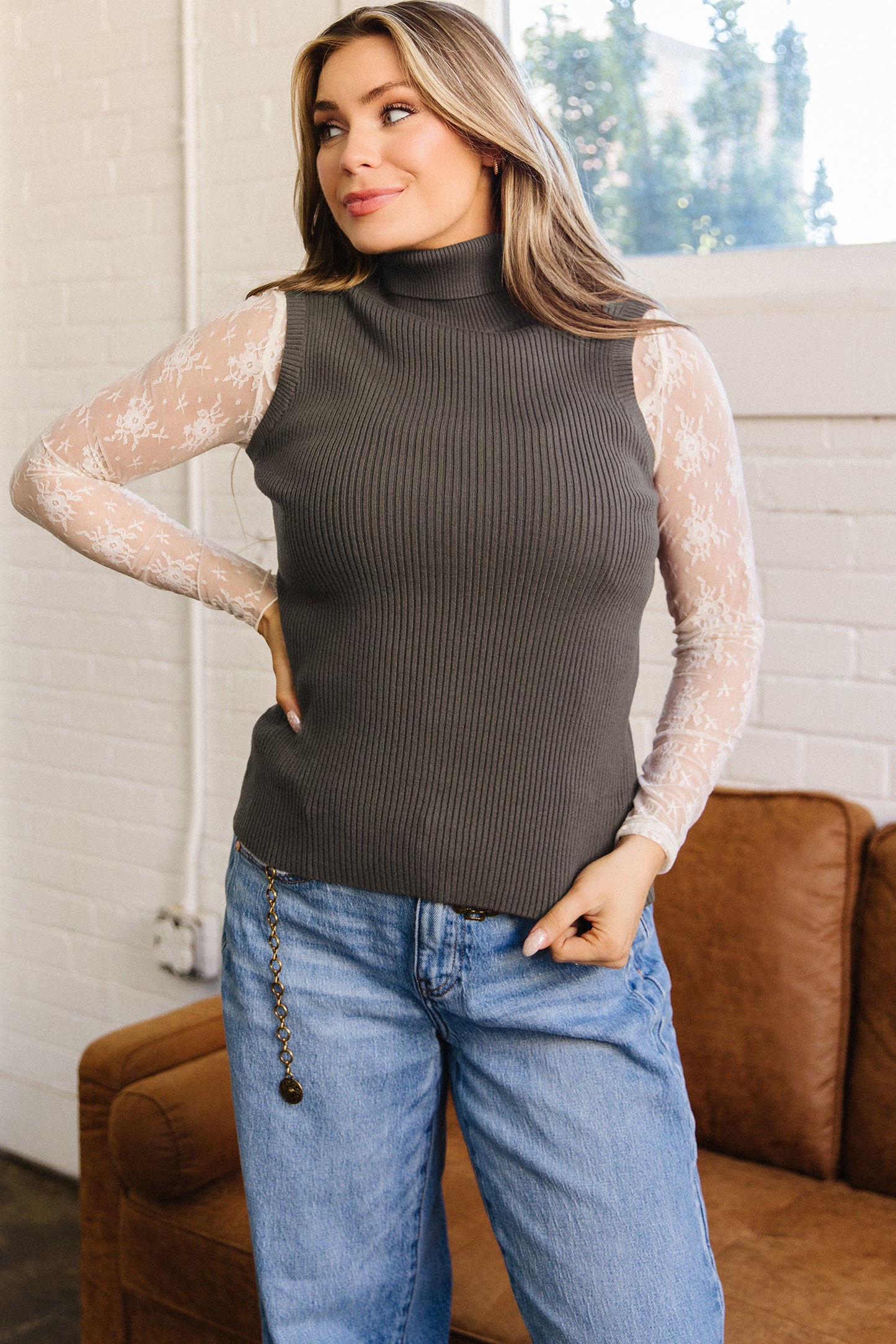 Chicory Coffee Western Ribbed Knit High Neck Sleeveless Waist Slim Fit Sweater Vest