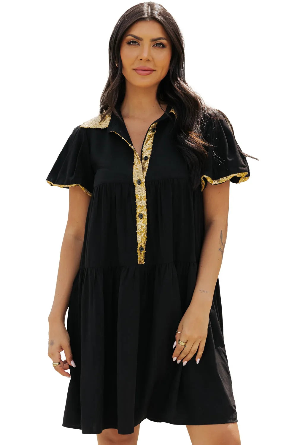 Black Sequin Trim Bubble Sleeve Game Day Shirt Dress - Chic Meadow Boutique 