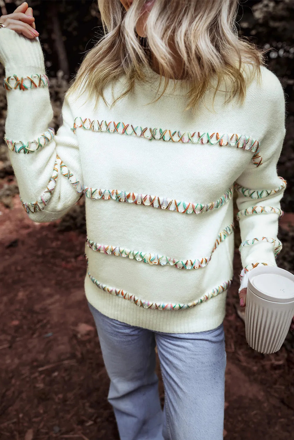 White Colorful Crossed Stitch Drop Shoulder Sweater - Chic Meadow Boutique 