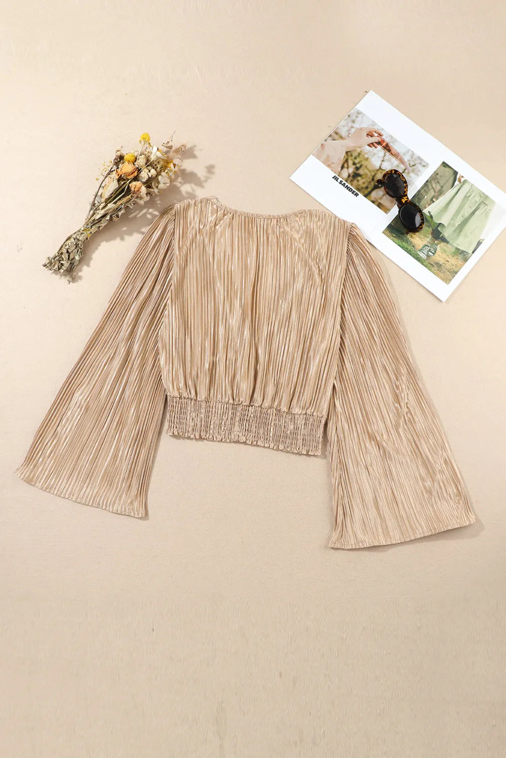 Camel Pleated Bell Sleeve Twist V Neck Cropped Blouse - Chic Meadow Boutique 