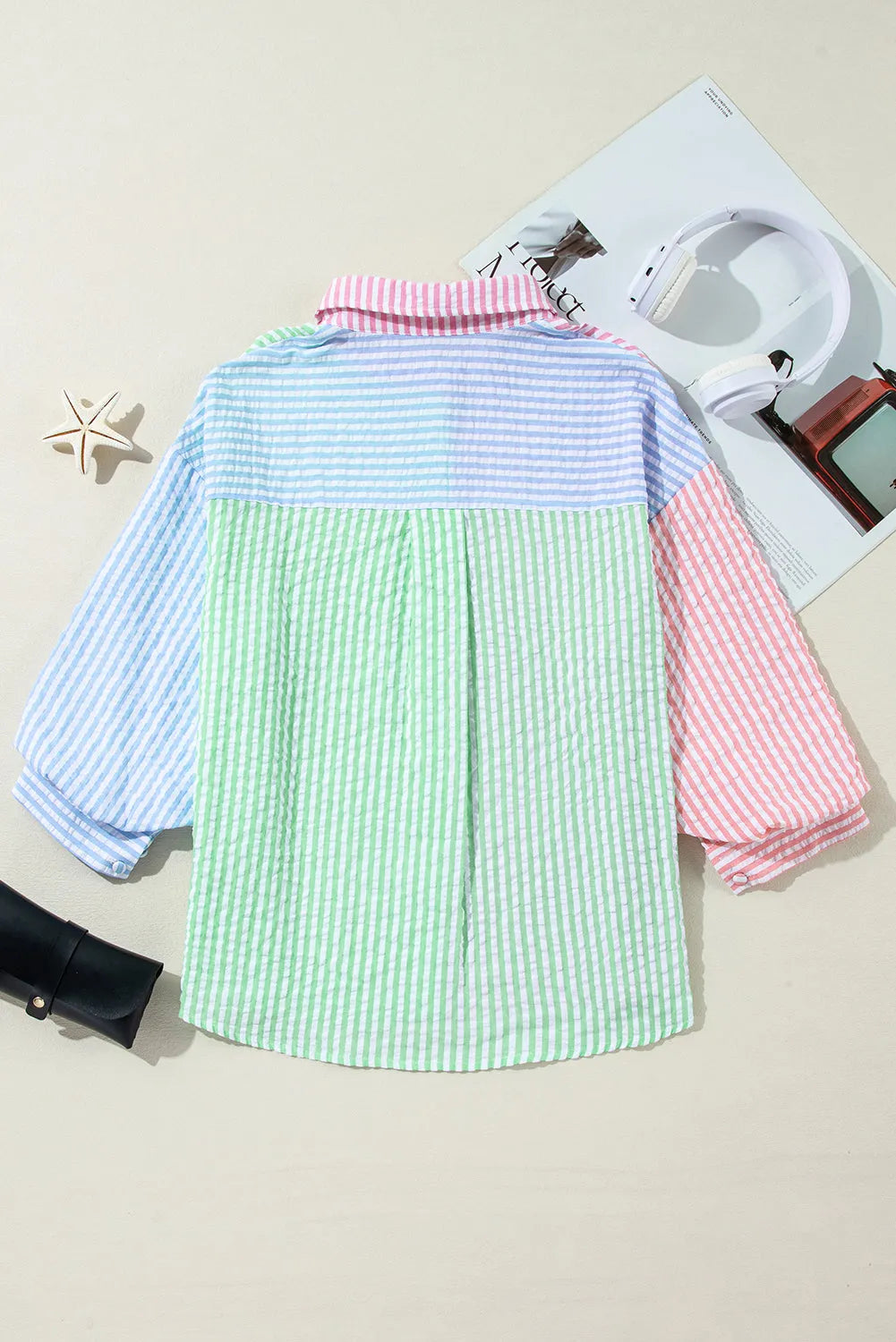 Pink Stripe Color Block Balloon Sleeve Buttoned Loose Fit Shirt - Chic Meadow Boutique 