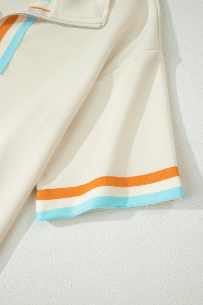 Apricot Colorful Striped Detail Half Zip Polo Tee Loose Shorts Set