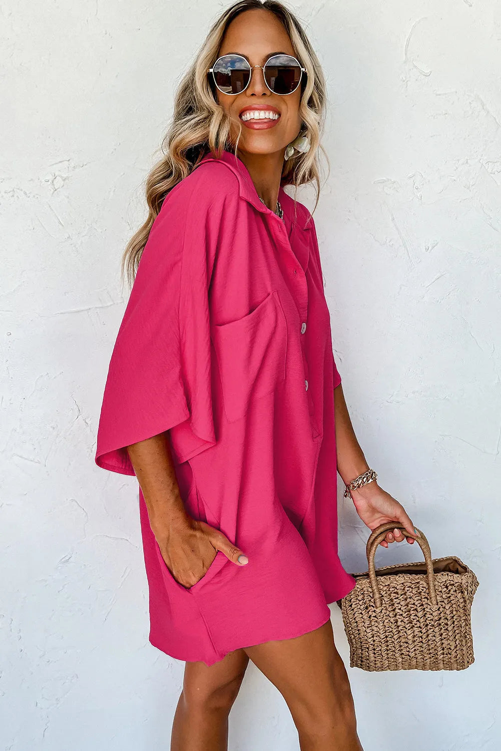 Bright Pink Half Button Collared Loose Romper - Chic Meadow Boutique 