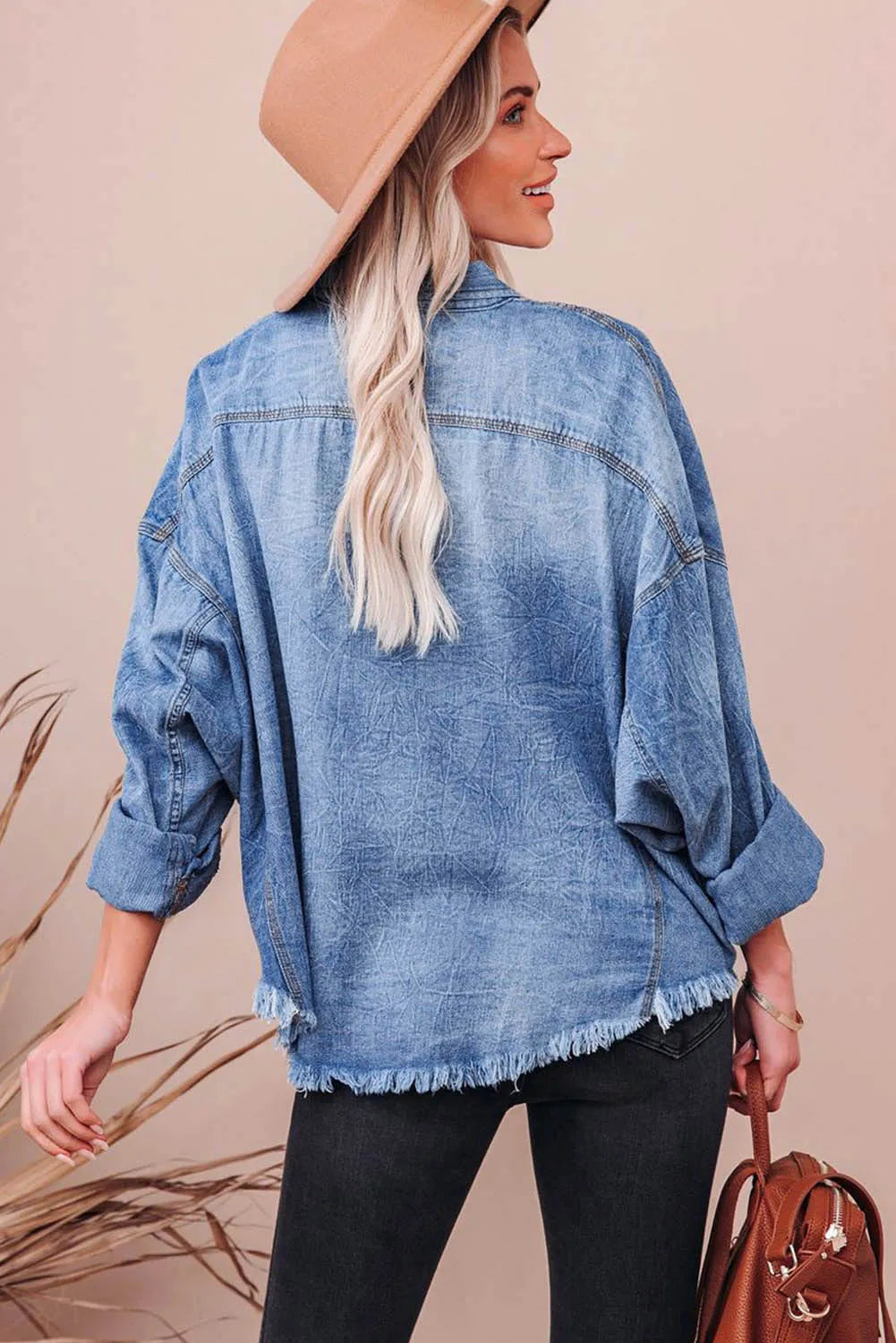 Sky Blue Flap Pockets Raw Hem Denim Shacket - Chic Meadow Boutique 